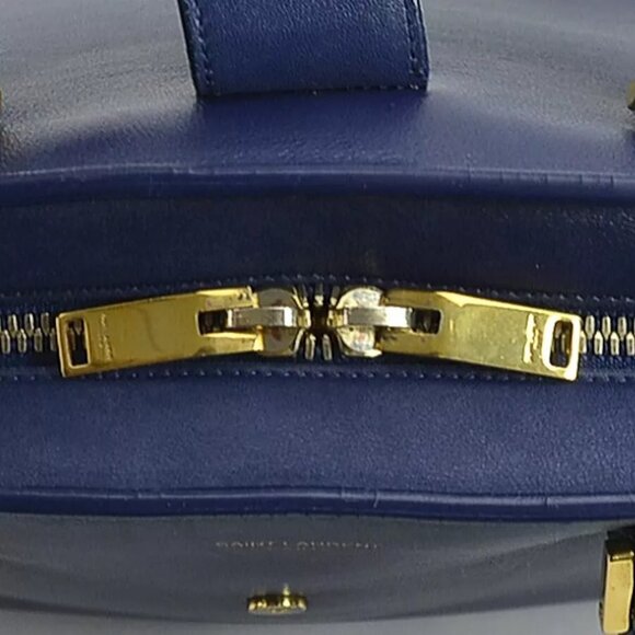 Auth SAINT LAURENT Cabas Handbag Shoulder Bag Navy Leather/Goldtone - Picture 10 of 16